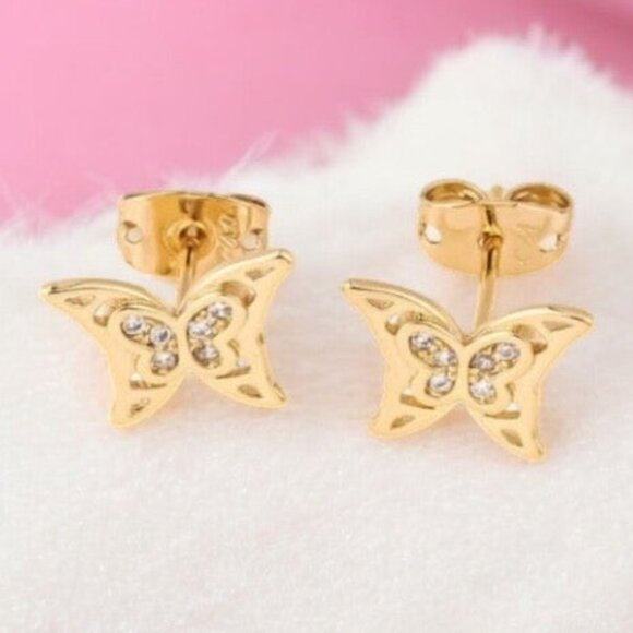 18K Gold Butterfly Stud Earrings – Sparkly CZ, Hypoallergenic NWT - Picture 1 of 12